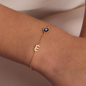 Pulseira de mau-olhado com inicial, Pulseira delicada de mau-olhado com inicial, Pulseira de letra personalizada com joias de proteção, Presente de Natal