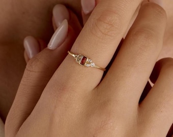 Gold Birthstone Ring • Dainty Personalized Birthstone Jewelry • Minimalist Gemstone Ring • Custom Gift for Her • Family Birthstone Ring