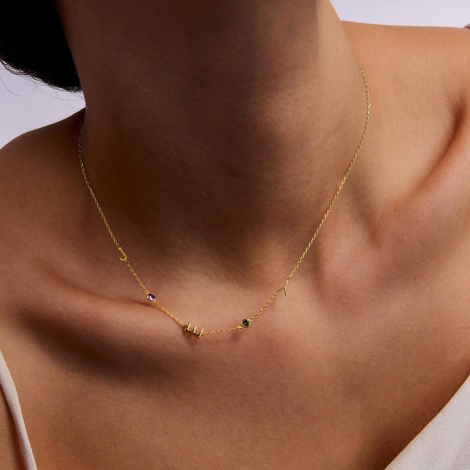 Sideway Initial Necklace with Birthstone | Personalized Family Birthstone & Letter Necklace | Mother's Day Gift for Necklace,Family Necklace
