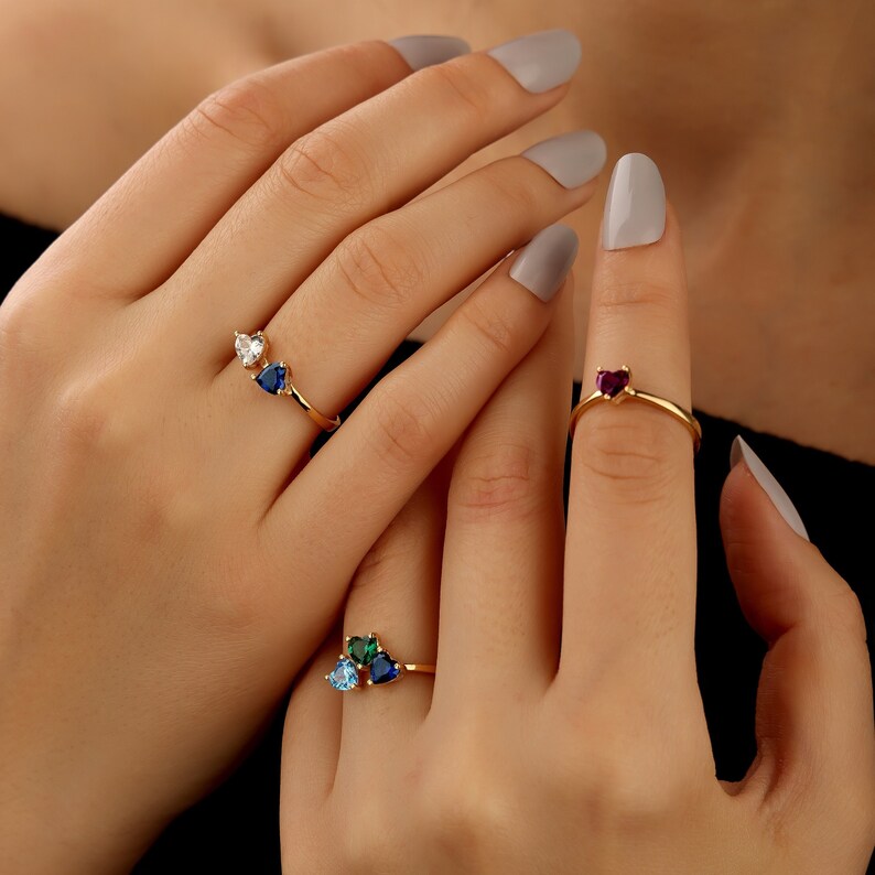 Birthstone Heart Ring, Custom Birthstone Ring, Heart Cluster Ring, Gemstone Ring for Woman, Dainty Birthstone Jewelry