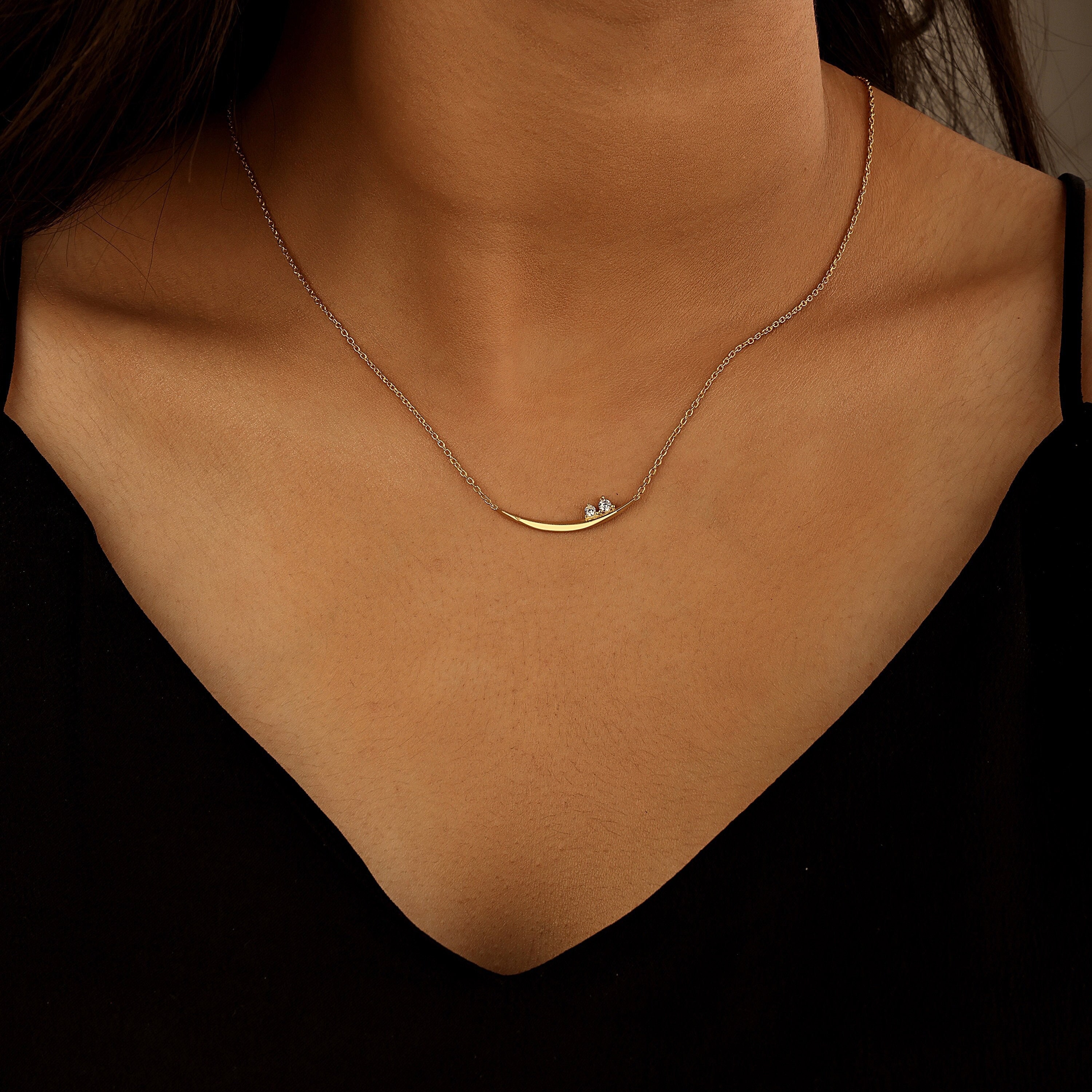 Half Moon Necklace With Two Stone, 2 Stone Bar Necklace