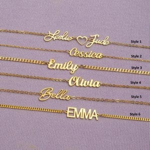 May include: Six gold necklaces with different styles of nameplates. The names on the necklaces are Leslie Jude, Cessica, Emily, Olivia, Bella, and Emma. Each necklace has a different style of chain.