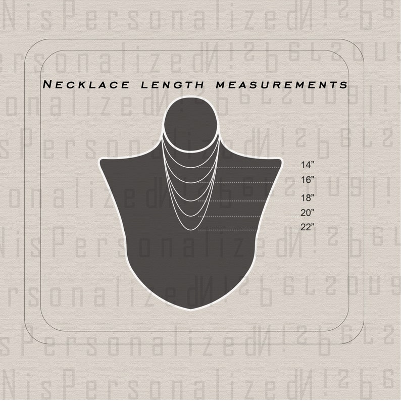 May include: A black mannequin wearing a necklace with different lengths, showing the measurements of 14 inches, 16 inches, 18 inches, 20 inches, and 22 inches.  The text "NECKLACE LENGTH MEASUREMENTS" is at the top of the image.