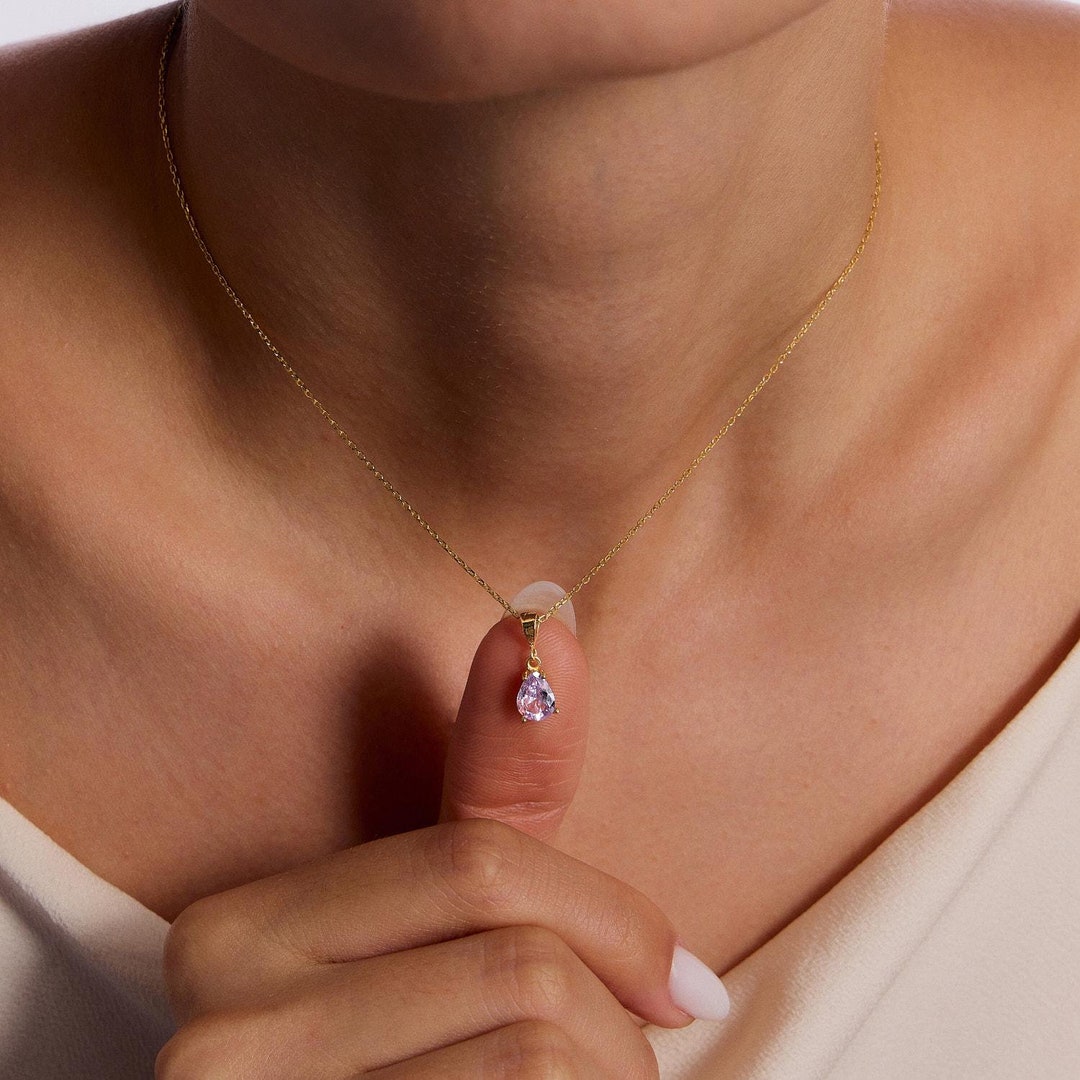 Drop Birthstone Necklace, Tiny Dangle Stone Necklace