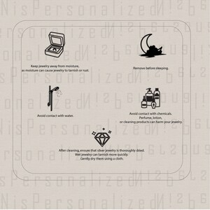 May include: Black and white illustration with tips for caring for jewelry. The illustration shows a jewelry box, a shower head, a bottle of perfume, a crescent moon, and a diamond. The text reads: "Keep jewelry away from moisture, as moisture can cause jewelry to tarnish or rust. Remove before sleeping. Avoid contact with water. Avoid contact with chemicals. Perfume, lotion, or cleaning products can harm your jewelry. After cleaning, ensure that silver jewelry is thoroughly dried. Wet jewelry can tarnish more quickly. Gently dry them using a cloth."