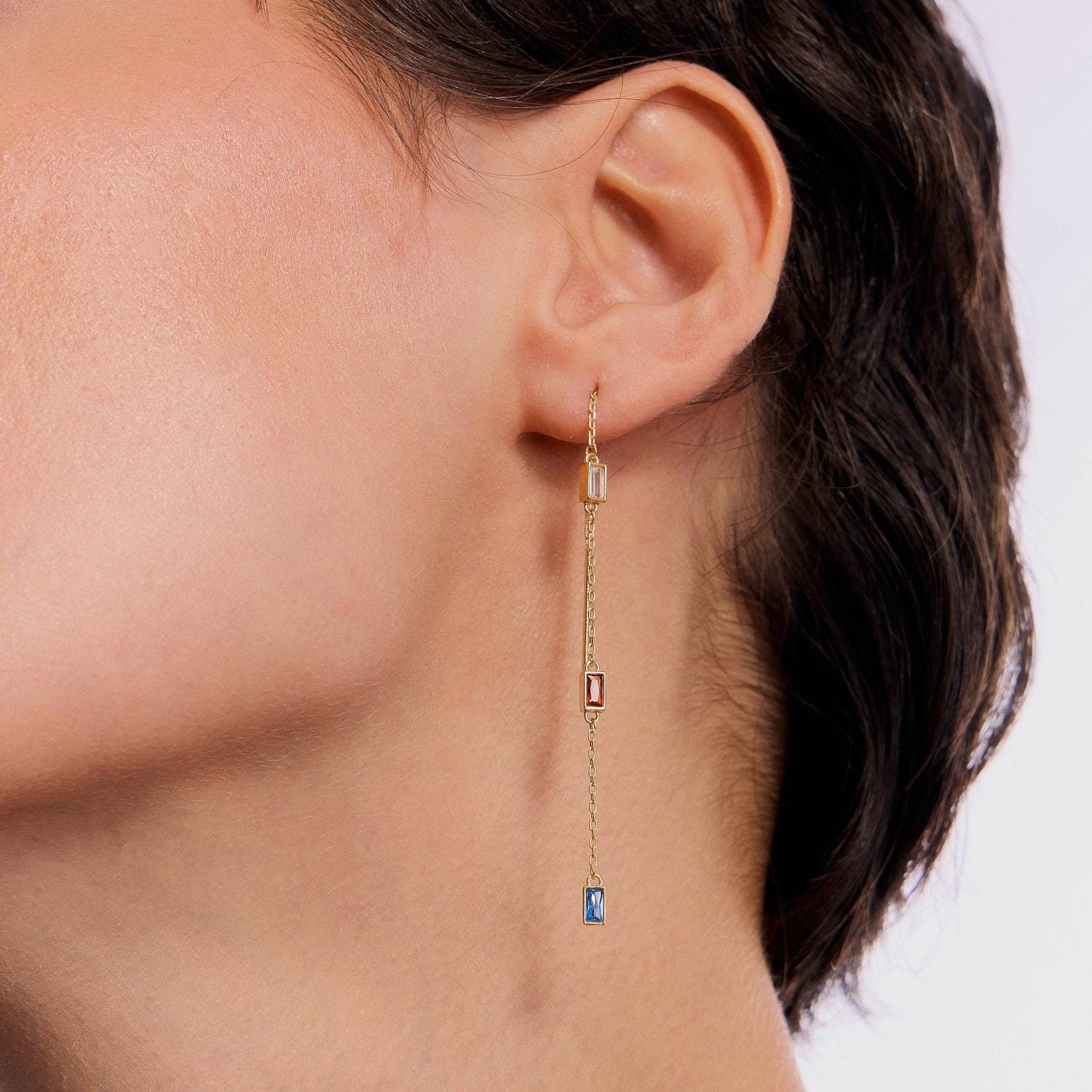 Chain Birthstone Earrings, Multi Birthstone Earrings, Cz Gemstone Jewelry, Birthday Gift, Dainty Birthstone Huggie Earring, Gift for Her