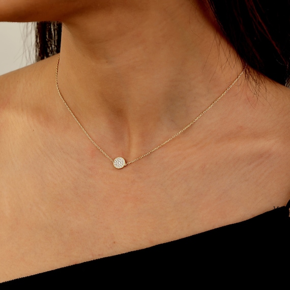 Minimalist CZ Pave Necklace, Diamond Round Necklace for Mother's Day Gift, Tiny Gold Diamonds Necklace, Gift for Mom