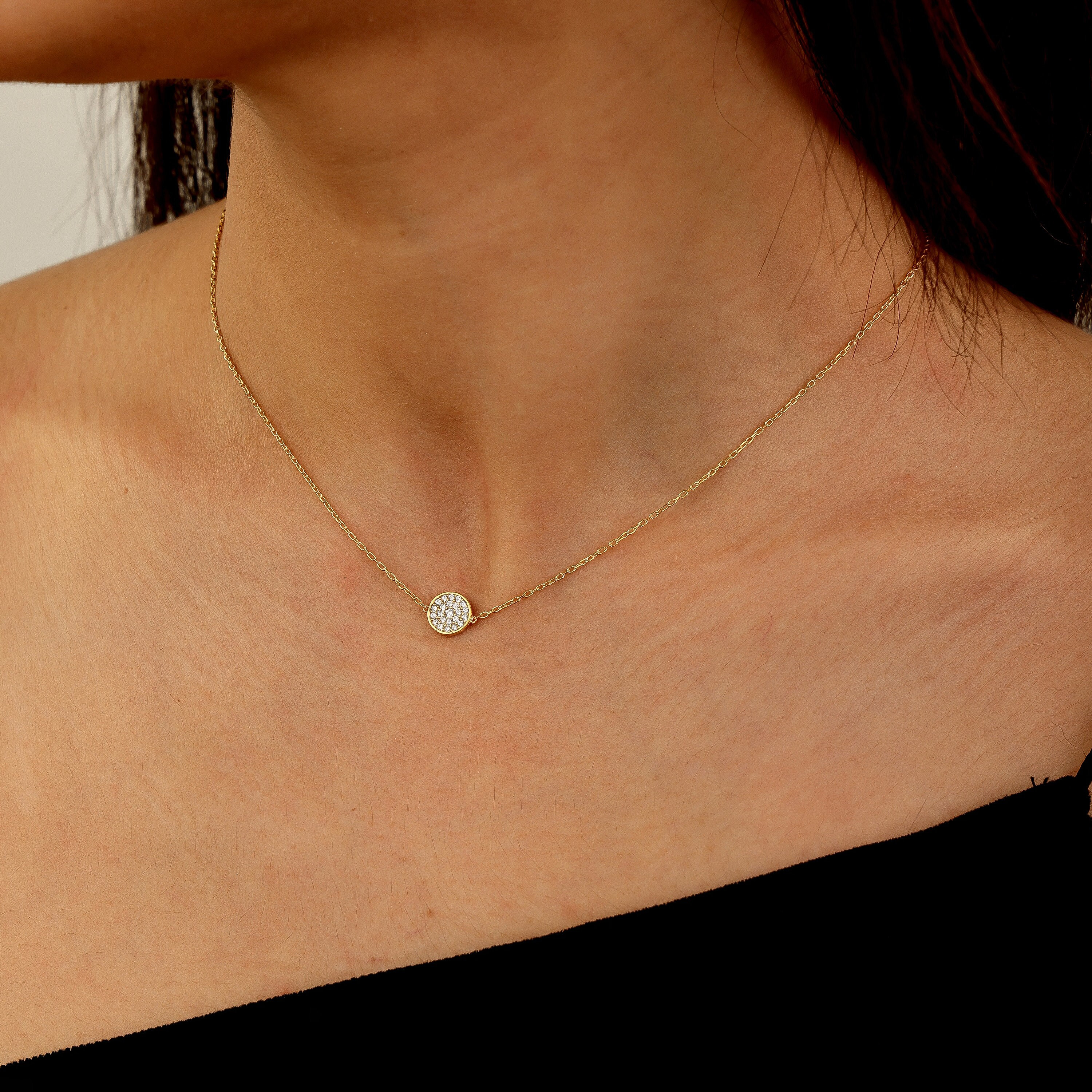 Minimalist CZ Pave Necklace, Diamond Round Necklace for Mother's Day Gift, Tiny Gold Diamonds Necklace, Gift for Mom