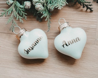 Personalized mini Christmas balls in heart shape | Secret Santa gift | small Christmas present | Name day for gifts for Christmas