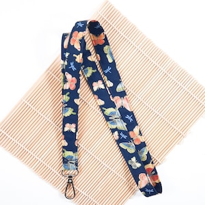Michiko Japanese lanyard, Metallic  Butterflies lanyard, fabric Id holder, breakaway key chain, Teacher gifts