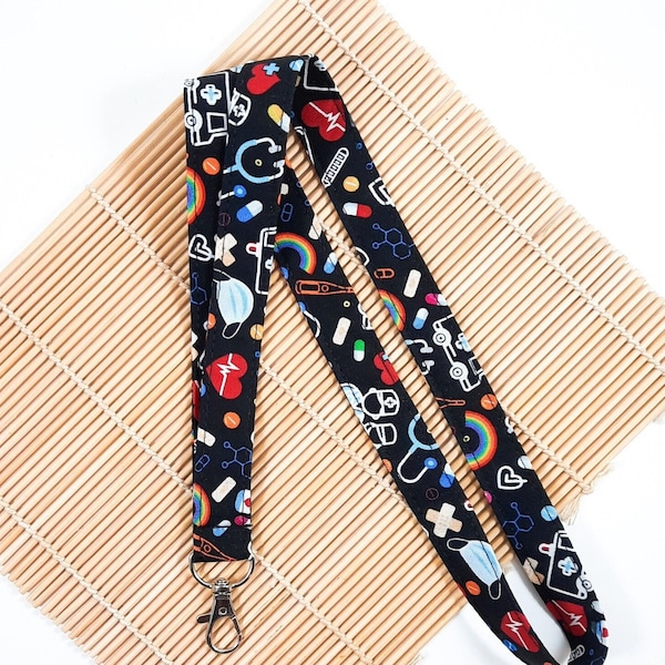 Rainbow medical lanyard, Nurse doctor lanyard holder, pharmacy Id holder, fabric key chain, medical student gift UK