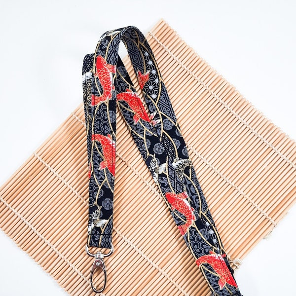 Kimono Koi Fish lanyard, Japanese lanyard holder, metallic fabric Id holder, breakaway key chain, Teacher gift UK