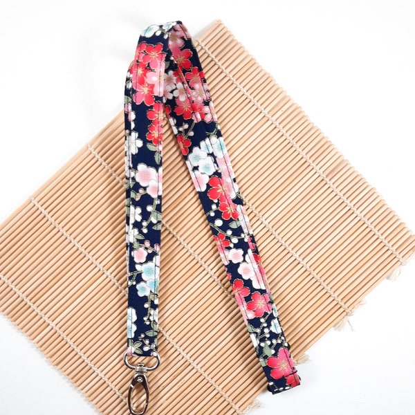 Cherry Blossom Gold Metallic lanyard, Spring summer lanyard keys, fabric Id holder, breakaway key chain, Teacher gift UK