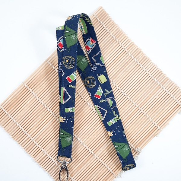 Camper lanyard, Camping fabric key holder, safety breakaway Id card holder, travel keychain