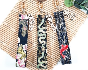 Boho Japanese Fabric Wristlet Key Fob: Personalized Name Keyring