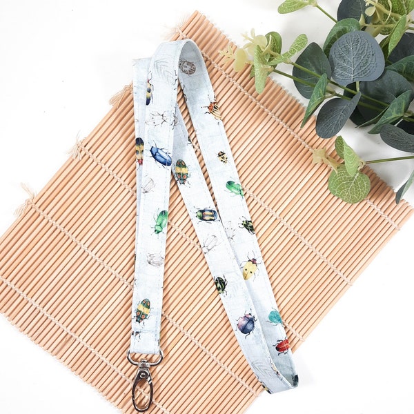 Beetles Bugs lanyard, Insects ID tag holder, fabric breakaway keychain, Nature lover gift UK