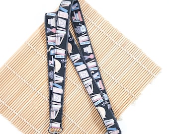 Cat & Bookshelf Lanyard: Bookish Cotton Fabric ID Holder