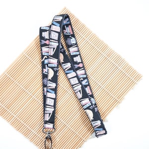 Cat & Bookshelf Lanyard: Bookish Cotton Fabric ID Holder