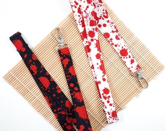 Black and White blood Splatter lanyard, horror fabric Id holder, Halloween lanyard, lanyard for key holder. Gothic gift