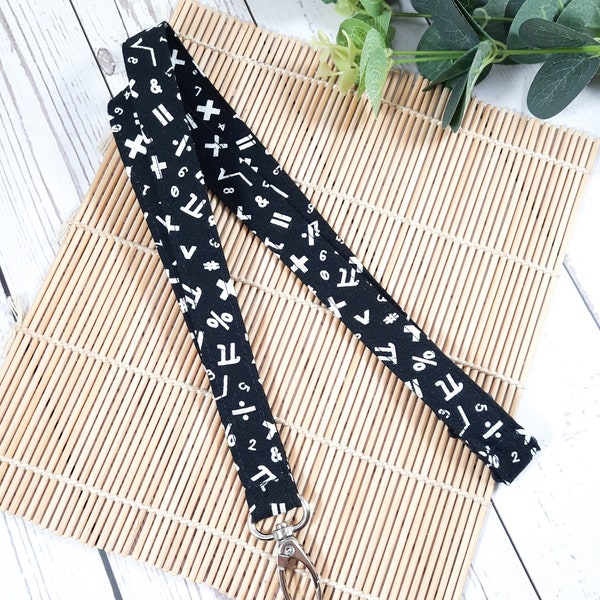 Maths symbols lanyard, monochrome ID card holder, Mathematical breakaway key chain, Maths Teacher gift UK