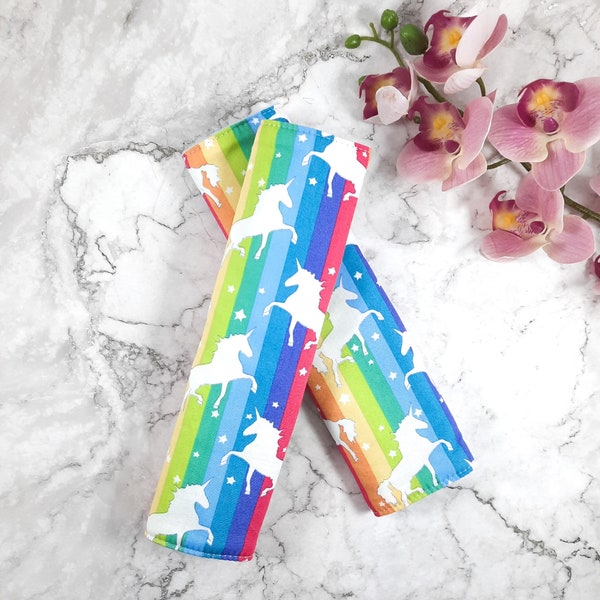 Rainbow unicorn seat belt cover, Cotton seat belt strap ,Shoulder Protection Pad, Children, Kids, Adult, Car accessories, Handmade in UK