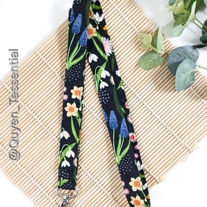 Spring flower lanyard, Snowdrop Daffodil lily fabric Keychain, Breakaway ID card optional, Nurse/ Teacher assistant gift UK
