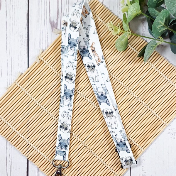 Frenchie puppy lanyard, French Bulldog fabric key chain, breakaway key holder, Frenchie mum gifts