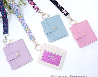 Cartera de cuero vegano con porta credencial de identificación y tarjetero, complemento para cordones/accesorios para credencial, ranuras para cordones para viajes, regalos para enfermeras y profesores