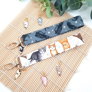 9パターン！猫リストレットキーホルダー、布製キーストラップ、リストレットキーホルダー、猫ママキーチェーン、猫好きへのプレゼント、イギリスの猫ギフト