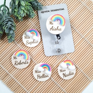 Personalised 3D badge reel - Rainbow wood engraved ID badge holder - student Midwife - nurse / Teacher gift