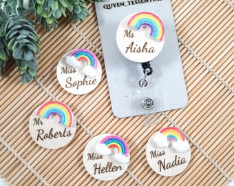 Personalised 3D badge reel - Rainbow wood engraved ID badge holder - student Midwife - nurse / Teacher gift