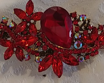 Red & AB Crystal Rhinestone CZ Gold Floral 1 French Hair Barrette Jewelry Clip