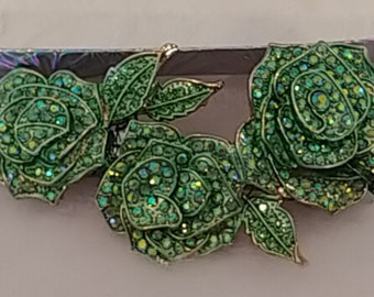 Green AB Austrian Crystal Rhinestone 3 Rose Cluster French Hair Barrette Clip 3 inch