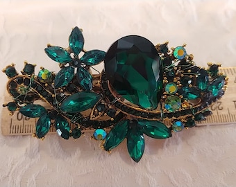 Smaragdgrün & AB Kristall Strass CZ Gold Floral Französisch Haarspange Schmuck Clip