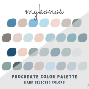 May include: A digital colour palette for Procreate featuring a variety of blue, grey, and beige shades. The palette is titled "Mykonos" and includes hand-selected colours.
