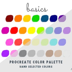 Pu&ograve; includere: Una tavolozza di colori di arte digitale con la parola "basics" in corsivo in alto. La tavolozza presenta 30 colori selezionati a mano in varie tonalit&agrave;, tra cui rosso, arancione, giallo, verde, blu e viola. Il testo "PROCREATE COLOR PALETTE" e "HAND SELECTED COLORS" &egrave; in basso.