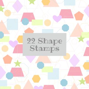 Può includere: Uno sfondo bianco è ricoperto da una varietà di forme geometriche colorate, tra cui quadrati, cuori, stelle e ottagoni. Un rettangolo grigio al centro recita "22 Shape Stamps". Le forme sono in colori pastello con dettagli di contorno sottili.