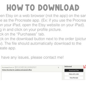 Pu&ograve; includere: Grafica bianca con istruzioni su come scaricare un file da Etsy. Il testo recita "HOW TO DOWNLOAD" e fornisce passaggi numerati. Uno screenshot mostra il pulsante "Scarica file". Il nome del negozio &egrave; @CLICHECALLIGRAPHY.