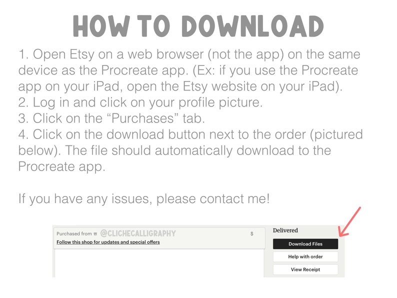 Pu&ograve; includere: Grafica bianca con istruzioni su come scaricare un file da Etsy. Il testo recita "HOW TO DOWNLOAD" e fornisce passaggi numerati. Uno screenshot mostra il pulsante "Scarica file". Il nome del negozio &egrave; @CLICHECALLIGRAPHY.