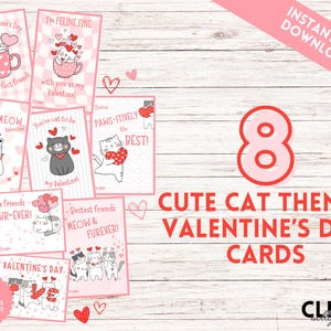 Cat Valentine's Day Cards - 8 Funny Cat Puns - For Classroom Exchange or Cat Lovers - Instant Digital Download