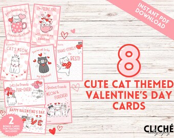 Cartões de Dia dos Namorados com Gatos - 8 Trocadilhos Divertidos com Gatos - Para Troca na Sala de Aula ou para Amantes de Gatos - Download Digital Instantâneo