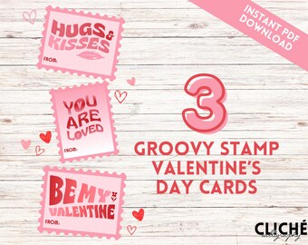 Cartões de Dia dos Namorados Groovy Stamp - 3 modelos em formato de carimbo para crianças e adultos - Download digital instantâneo