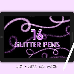 Può includere: Illustrazione digitale su tablet con la scritta "16 GLITTER PENS" in viola e bianco, con vortici viola glitterati su sfondo nero. Una penna bianca è appoggiata a destra. Il testo "with a FREE color palette!" è in basso.