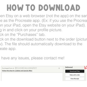Może przedstawiać: Biała grafika z instrukcjami, jak pobrać plik z Etsy. Tekst brzmi &bdquo;HOW TO DOWNLOAD&rdquo; i zawiera ponumerowane kroki. Zrzut ekranu pokazuje przycisk &bdquo;Pobierz pliki&rdquo;. Nazwa sklepu to @CLICHECALLIGRAPHY.