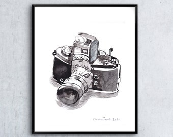 FILM CAMERA DRAWING - Original Sketch Artwork - Retro black and white ilustration - Unique Wall Hanging - Gift for Husband Photographer