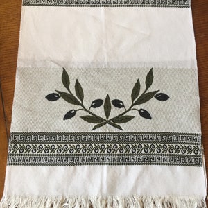 Greek Vintage-styled handmade woven approx 18&quot;x38&quot;, table runner with olive design, locally sourced cotton, Made in Greece.