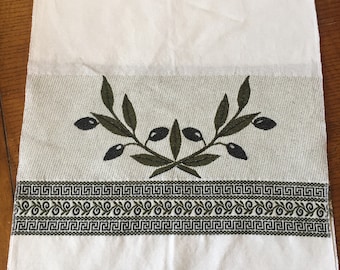 Greek Vintage-styled handmade woven approx 18"x38", table runner with olive design, locally sourced cotton, Made in Greece.