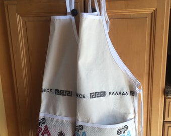 Greek Vintage-styled woven unisex full apron, Greek key, OPA! Locally sourced cotton, Made in Greece.