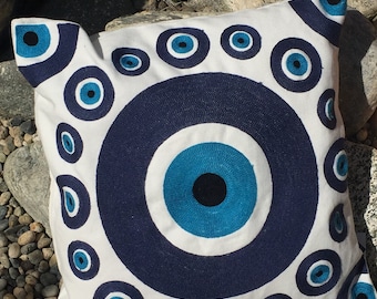 Evil Eye decorative cotton pillow cover/case, Zipper opening, Wool embroidery, 18"x18" (45x45cm), Good luck, Protection, Greek evil eye
