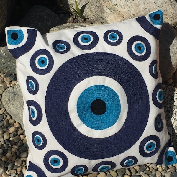 Evil Eye decorative cotton pillow cover/case, Zipper opening, Wool embroidery, 18"x18" (45x45cm), Good luck, Protection, Greek evil eye